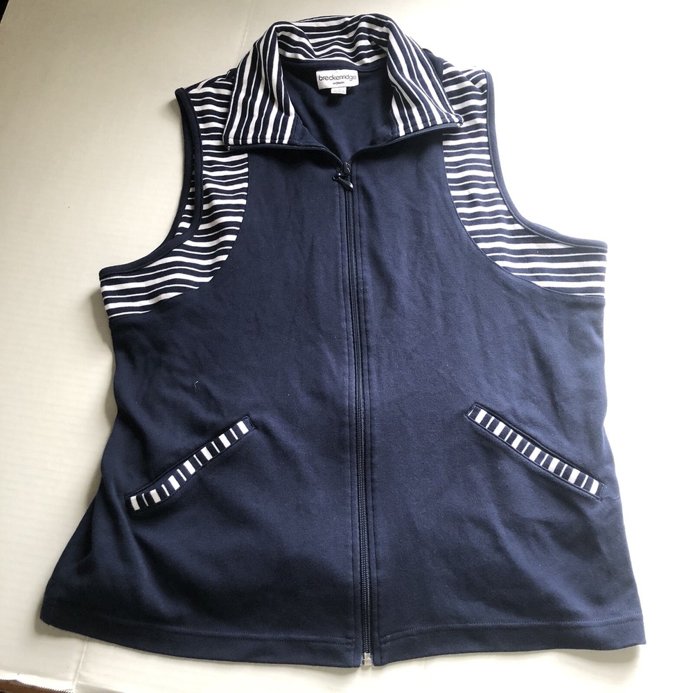 Breckenridge Blue White Stripe Zip Front Vest Plus Size 1X A463
